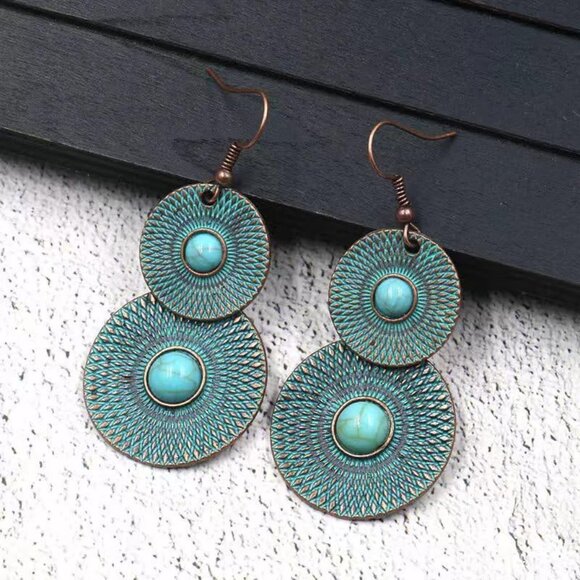 Turquoise Two loops Bronze Vintage Long Summer Earring for Women Jewelry - Picture 8 of 9